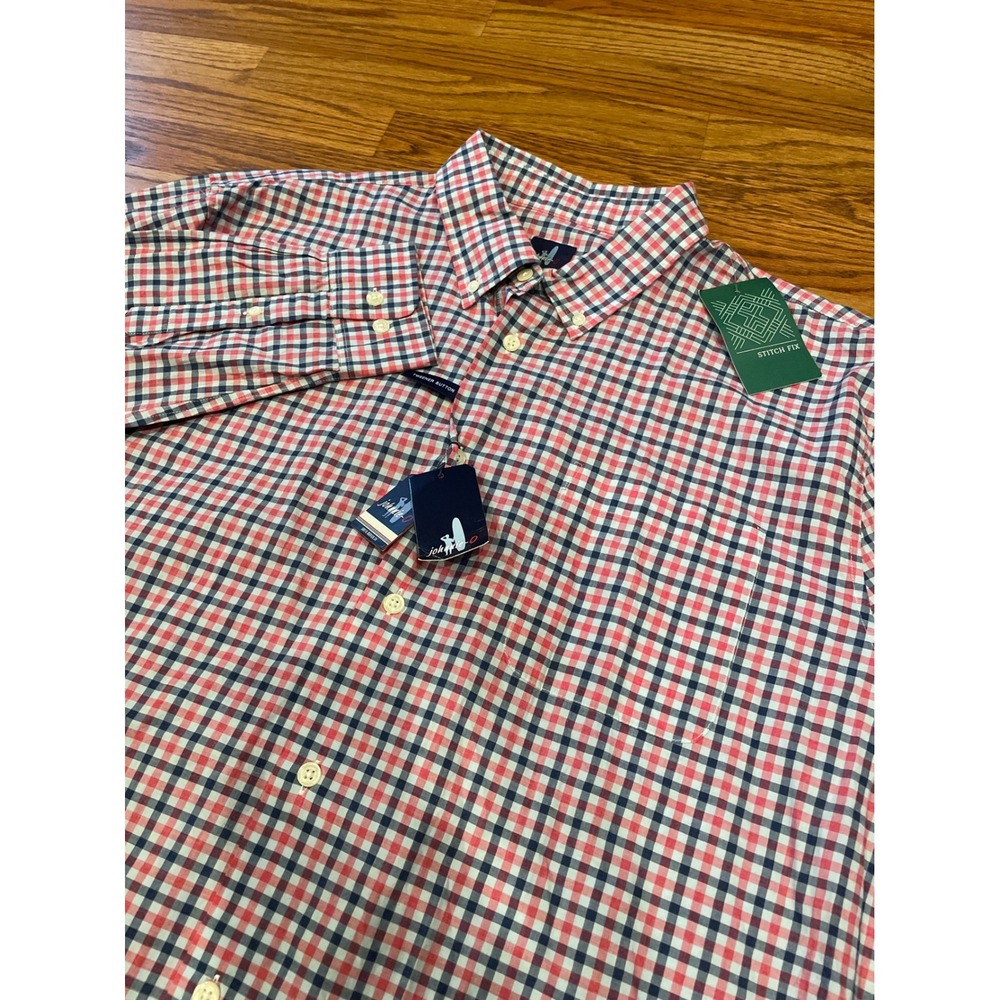 New Johnnie-O Men's Button Down XXL Red Blue‎ Gingham Plaid Shirt Tweener Button